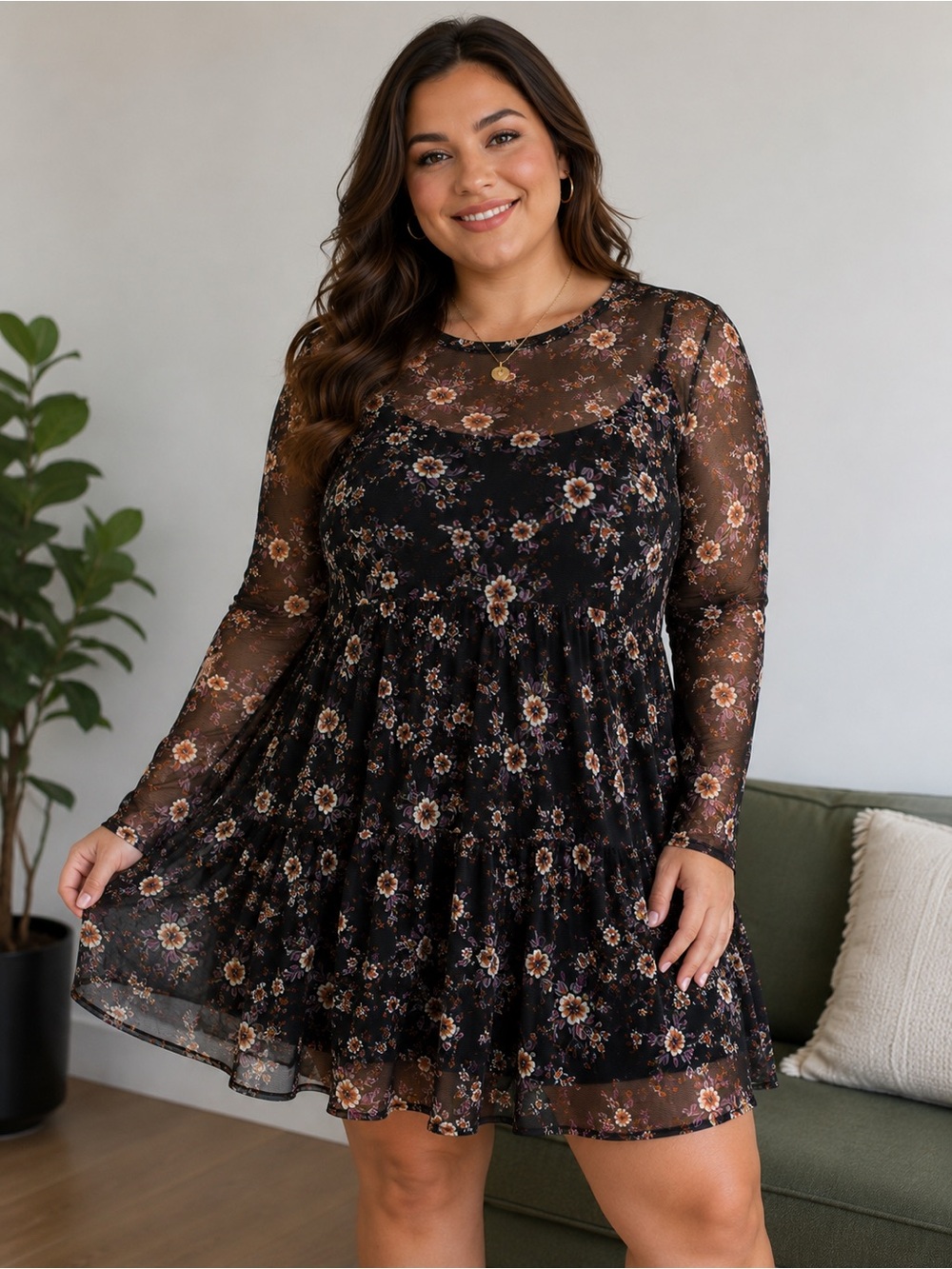 Lily Rose Black Floral Long-Sleeve Dress